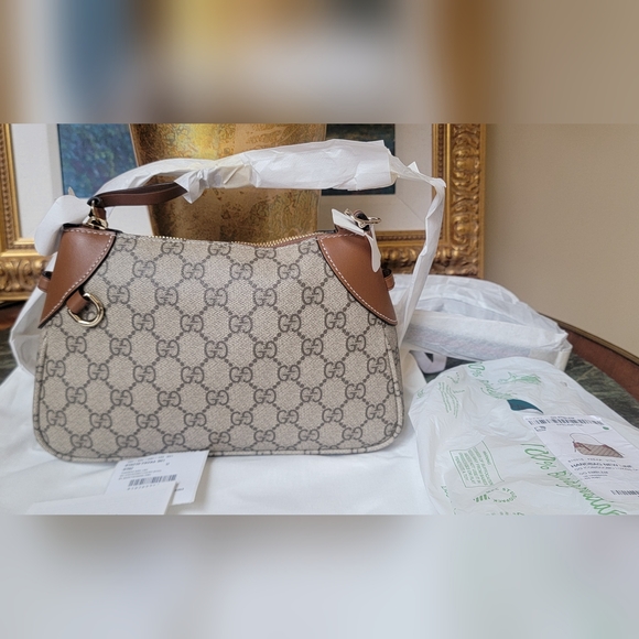 NWT Gucci GG Emblem Monogram Canvas Leather Trim Small Shoulder Bag 2 Straps - Picture 5 of 15